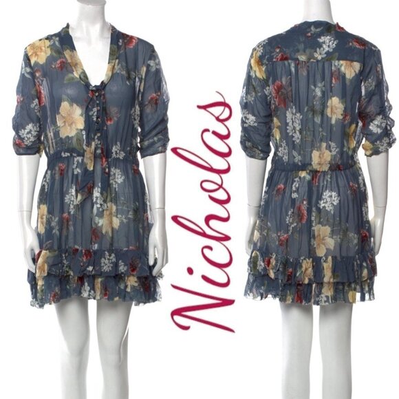 NWT NICHOLAS 100% Silk Floral Ruffled Mini Dress, Size 8 - Picture 2 of 12
